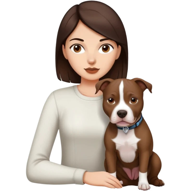 girl with dark brown long hair with her pitbull dog brown and white emoji