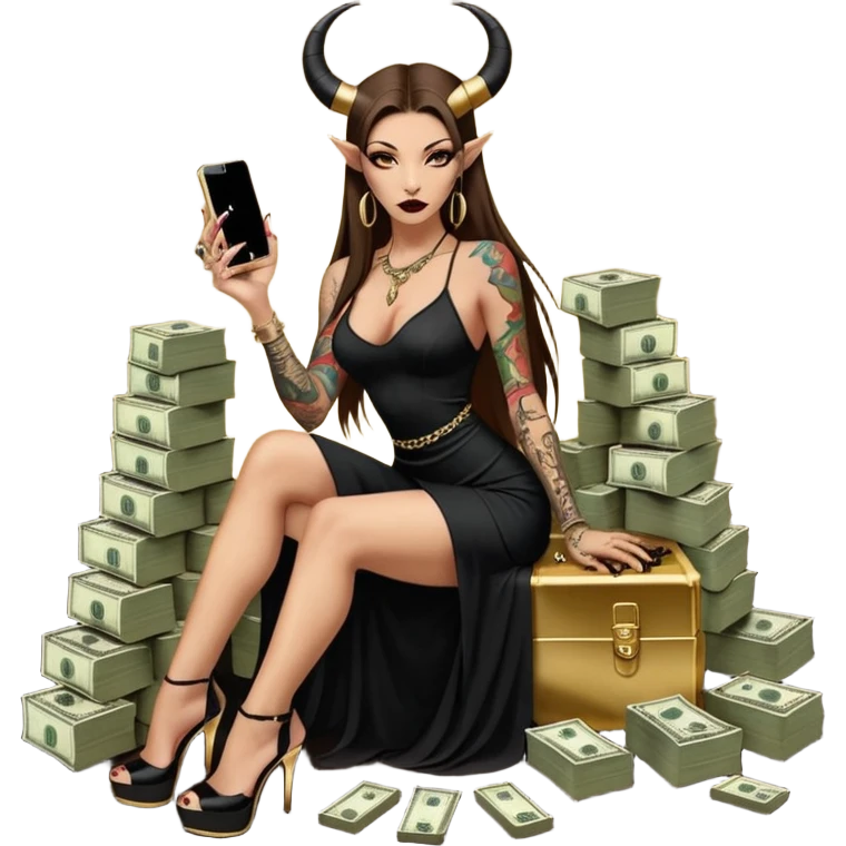 Sensual seductress long brown straight haired sexy drug lord woman with tattoos on arm sleeves and black gold platform high heels on her feet,  and devil black horns on her head, holding a stack of cash, has a phone in other hand. Sitting on gold cases full of drugs, long black dress with sexy slit emoji