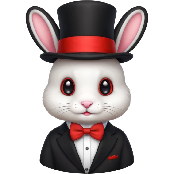 Cute emoji-style white bunny wearing a black top hat with a red band and a red bow tie, big round eyes, fluffy fur, clean mascot style, centered, transparent background, 1:1 ratio. emoji