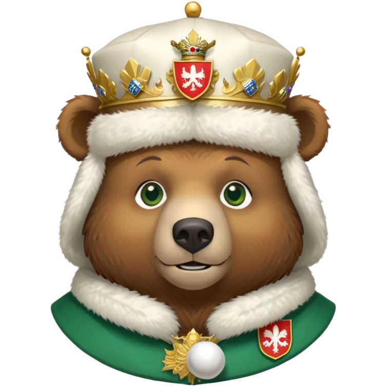 Just the head of a cute brown bear with green eyes, wearing white fur ushanka hat with highly detailed realistic Russian Federation coat of arms, showing double-headed eagle with crowns, scepter, orb and St. George shield, iOS emoji style emoji