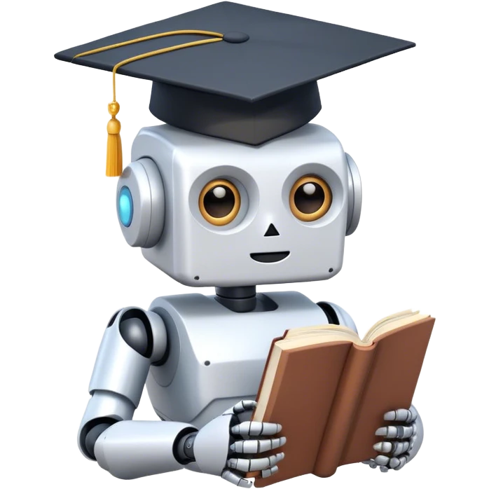 Ai  robot reading a big book with graduation head emoji
