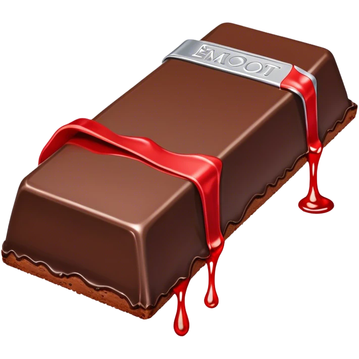 The image shows a partially unwrapped chocolate bar, with its red and silver wrapper pulled down, revealing the chocolate inside. Part of the chocolate is melting, dripping from the edge, creating a smooth and glossy effect.  emoji