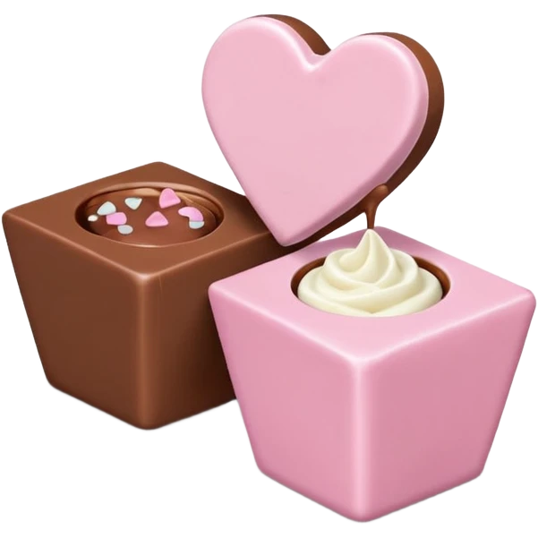 Two square milk chocolate 2 pralines only, Each praline is a sharp-edged cube with smooth glossy chocolate coating, placed in a small white fluted paper candy cup. On top of each cube is a flat pastel pink heart-shaped icing, thin and smooth, slightly translucent, with fine sugar crystal sparkle. emoji