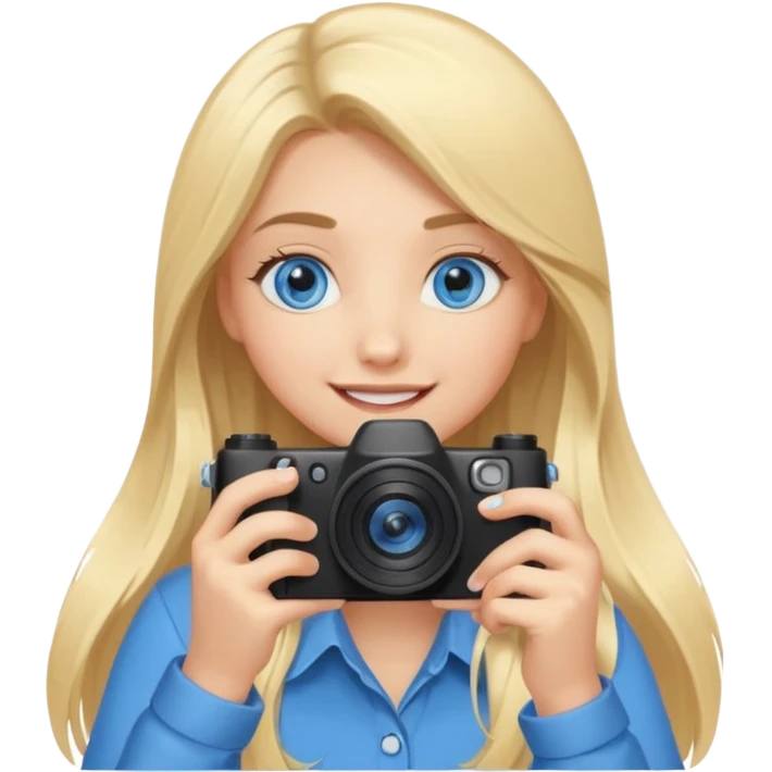  blue eyes blonde girl photographer cartoon taking picture in middle of taking picture camera in front of face long hair smiling funny flash professiona emoji