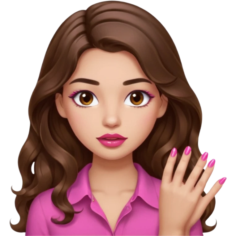 girl with long wavy brown hair, brown eyes, light to medium complexion, in a pink shirt, pink lips, long lashes, puckered lips, showing off painting nails emoji