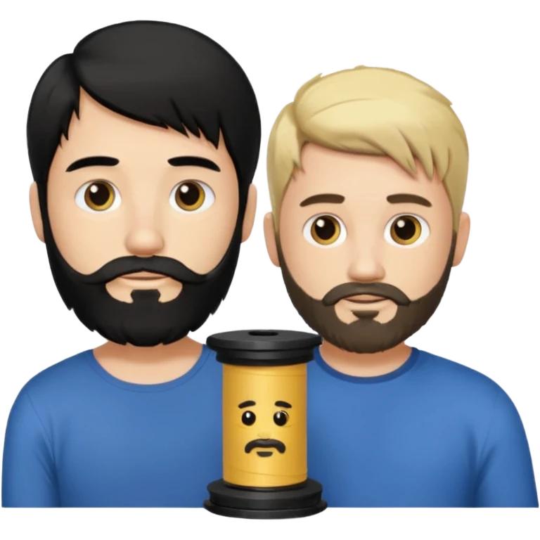 Man with long black hair tied in a spool and beard with a young short-haired blond without a beard emoji