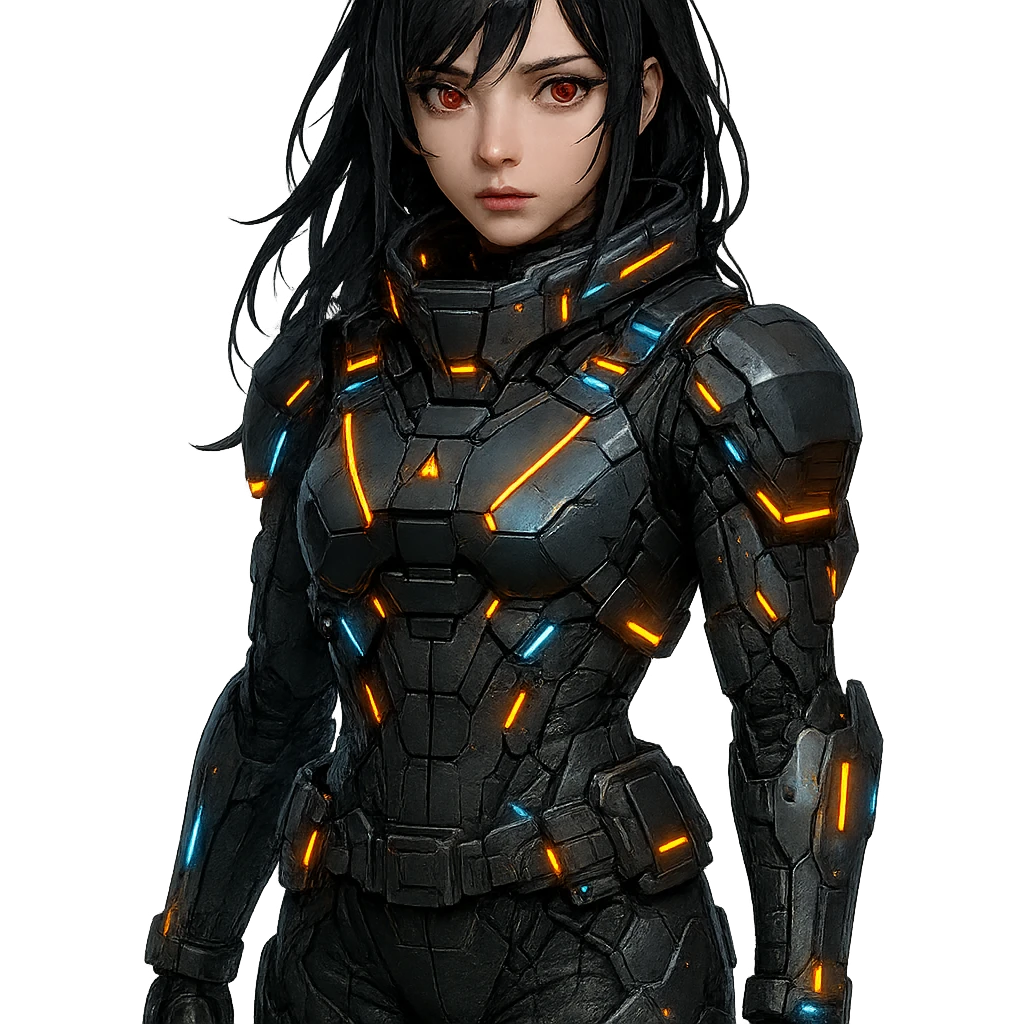 dark-haired, red-eyed girl in a sci-fi military uniform with glowing accents, futuristic, high-tech, detailed emoji