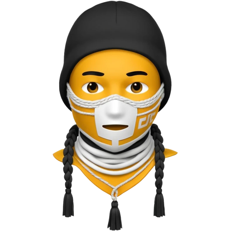 Ultra-detailed studio shot of a post-apocalyptic off-white balaclava — deconstructed, frayed, layered, with braided rope tassels and subtle embroidery. Minimalist white background, soft lighting, sharp focus. High-fashion streetwear aesthetic. emoji