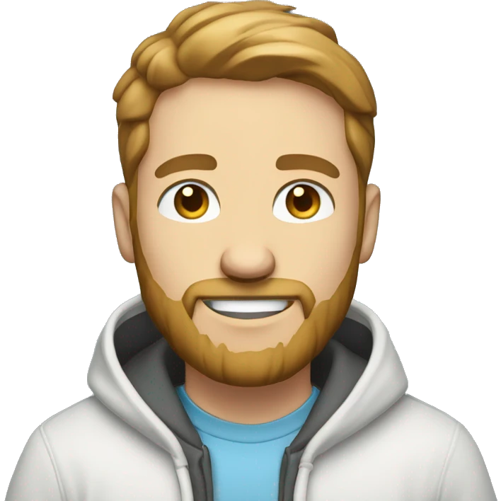 Product manager who is also a hacker. He has light brown hair, light blue eyes, a big white smile, a short beard. He has a hoodie. emoji