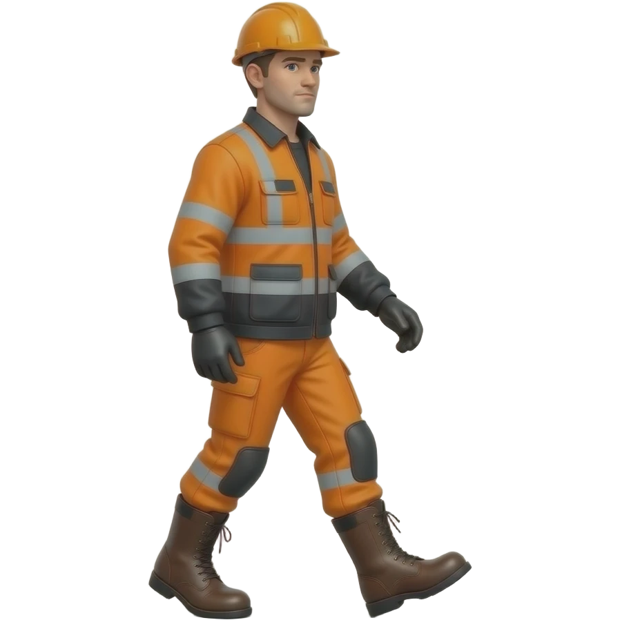 tall engineer in full Hi-vis orange clothing and leather boots walking 30 degreest emoji