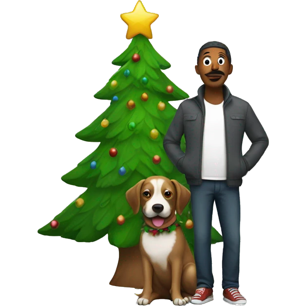 Man disguised in a christmas tree with a dog emoji