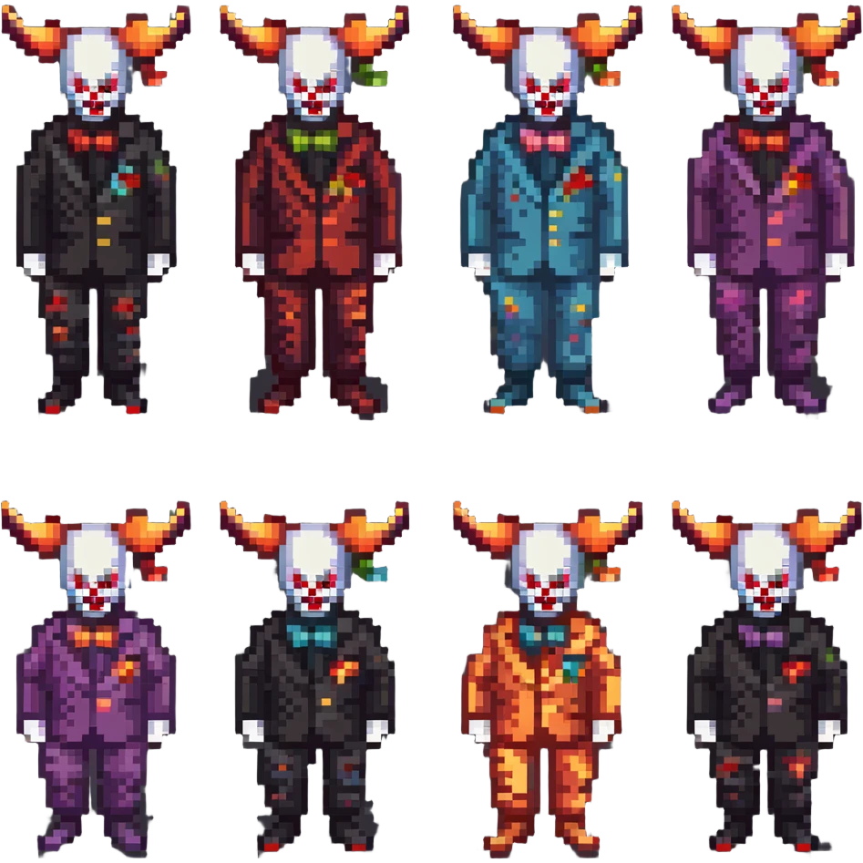 demonic clown wearing a leisure suit, bald with different horn styles emoji