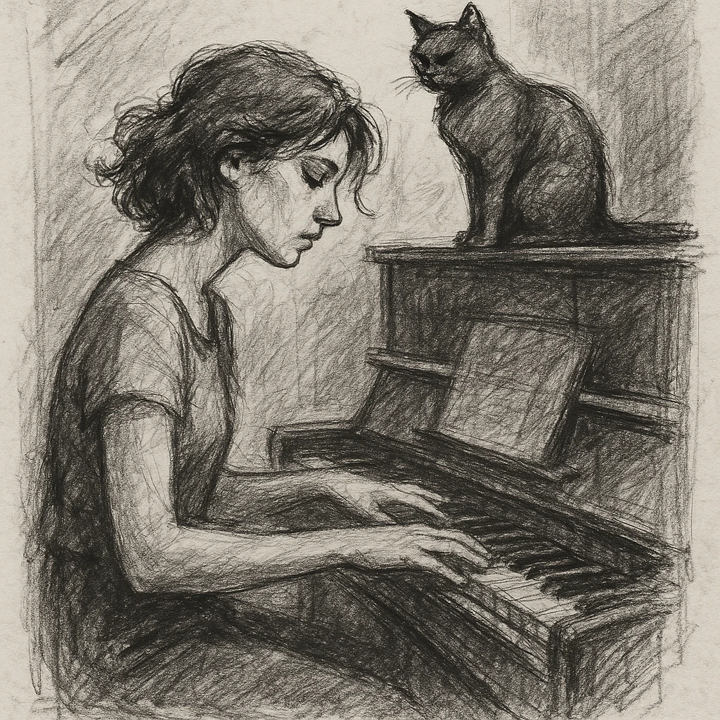 woman playing piano while her cat sits on top of the piano emoji