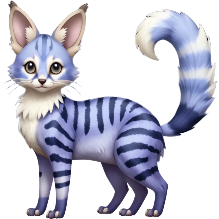  Realistic dull gloomy-dark-deep-grayish-indigo-violet-gradients fur with random markings beautiful elegant pretty precious cute  Fakémon-Pokémon-opossum-feline-serval-caracal-chinchilla-Minccino-hybrid-creature with a big fluffy bushy striped tail (full body) emoji