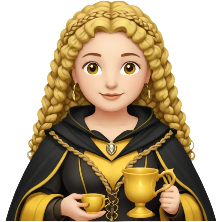 Helga Hufflepuff, 2 curly thick brown braids, yellow-black medieval dress, black cloak decorated with gold braiding, tiny two-handled shiny yellow-gold cup, very kind smile, curvy busty sweet woman, thick rosy cheeks emoji