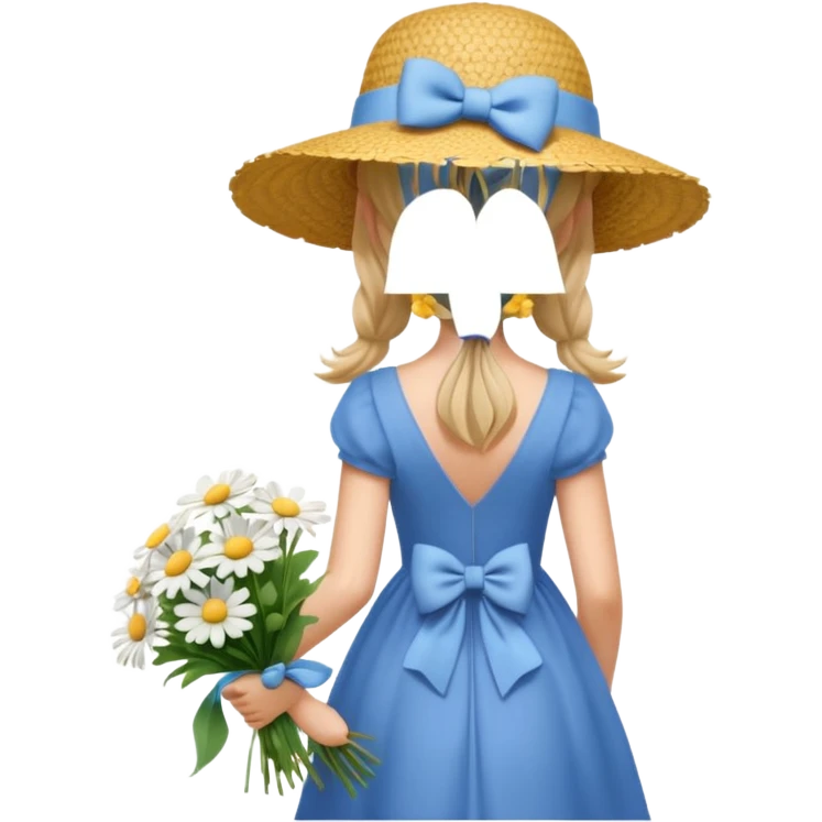 a young woman in a blue dress with a bow, straw hat, and bouquet of daisies, seen from behind, soft lighting, simple background, 3D iOS Apple emoji style emoji