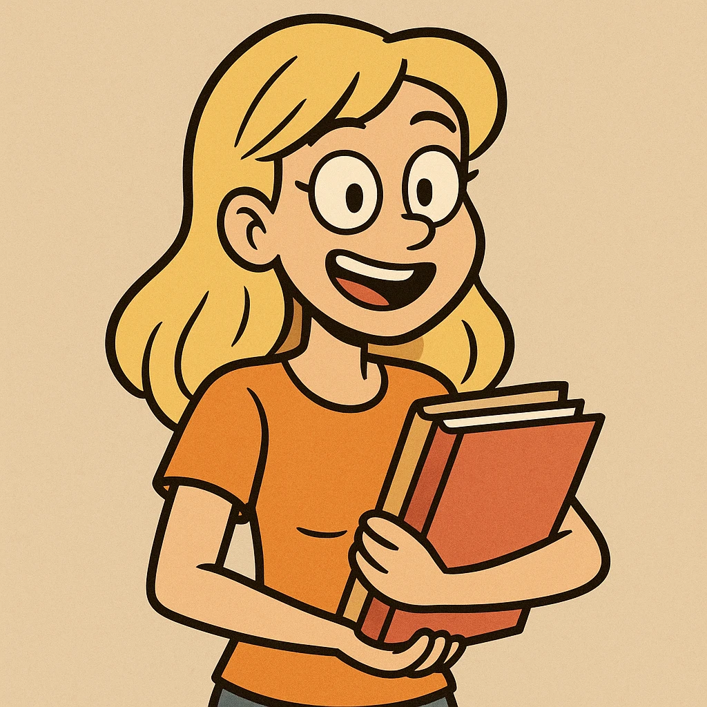 blonde girl in an orange t-shirt holding folders, smiling, cartoon style emoji