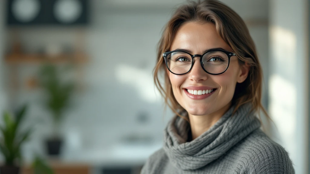 Cinematic still, Proffesional advertising of a smiling european white woman with glasses smiling, minimalistic ophthalmologist interior in background, leading  lines, "rule of thirds", 60/30/10 colors, soft light emoji