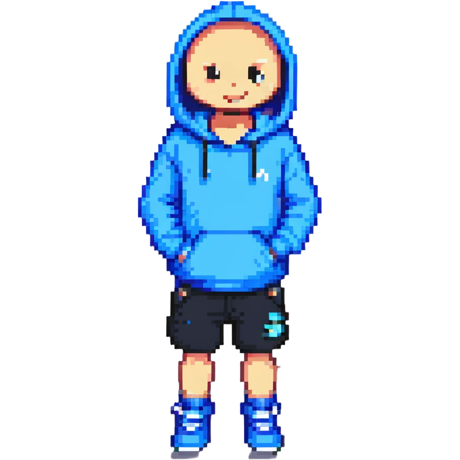 Undertale Sans, pixel art, smiling, hands in pockets, blue hoodie, black shorts emoji