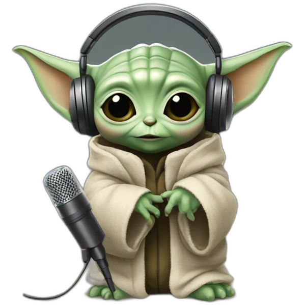 baby yoda with headphones and a microphone emoji