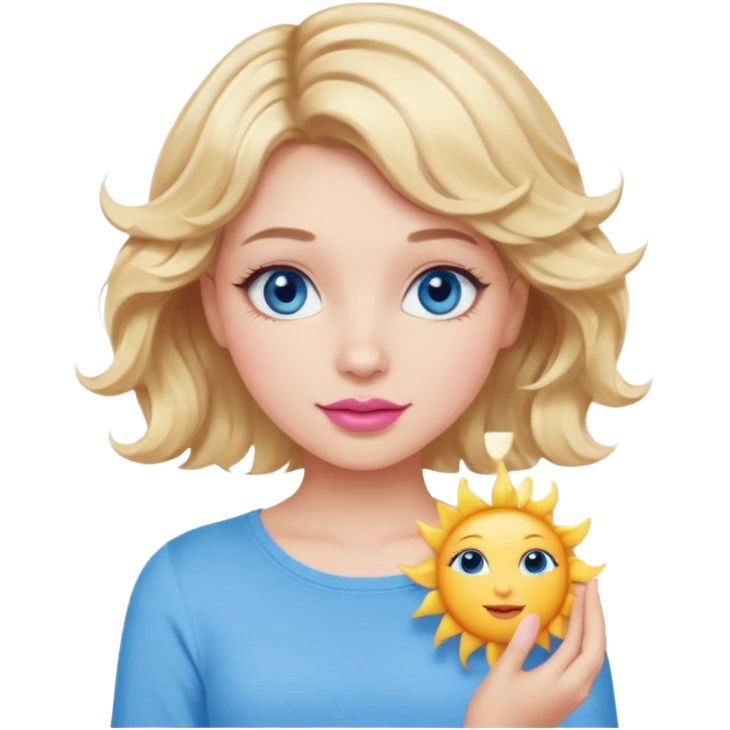 Girl Blonde short wavy hair,  blue eyes, cute blue top, long lashes, pink lips, holding the one sun   emoji