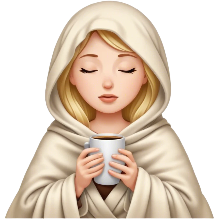 white girl inside a blanket sipping coffee eyes closed emoji
