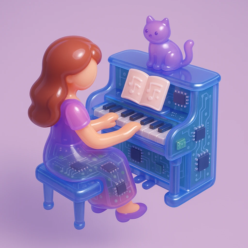woman playing piano while her cat sits on top of the piano emoji