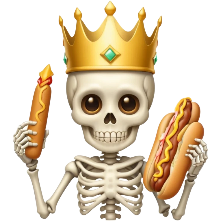 A cute skeleton wearing crown and holding hot dog emoji