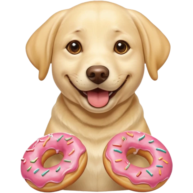 A yellow lab smiling with doughnuts  emoji