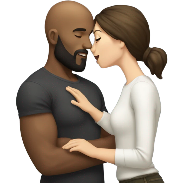 White brunette kissing muscular black bald man with beard emoji