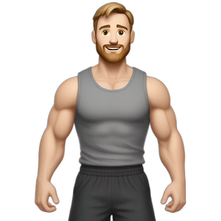 Full height realistic Actively gesturing with hands Pale skinned Fit Man With the biceps and brown hair in dark gray Sleeveless Mike, black oversize sports shorts, watch and white Sneakers emoji