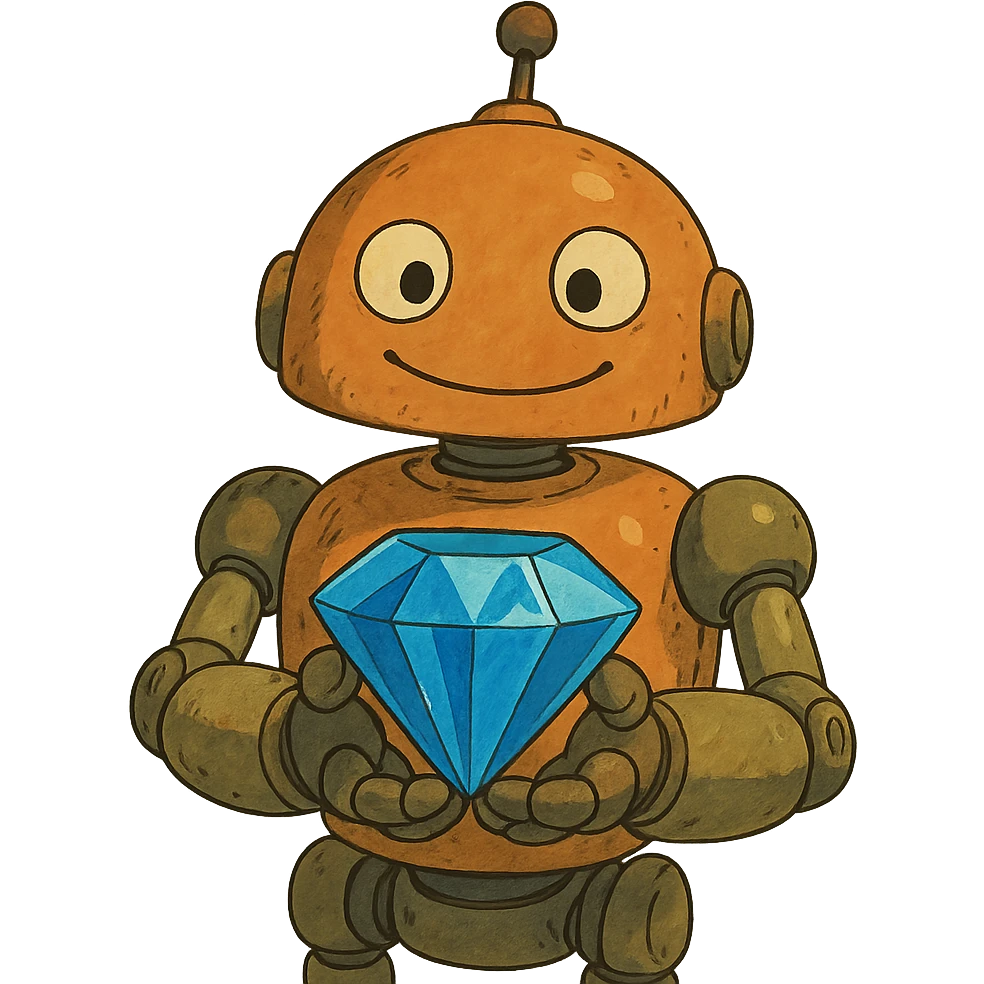 smiling robot holding a blue diamond emoji