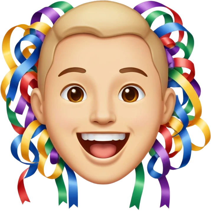 face with open mouth, smiling, surrounded by parade streamers emoji