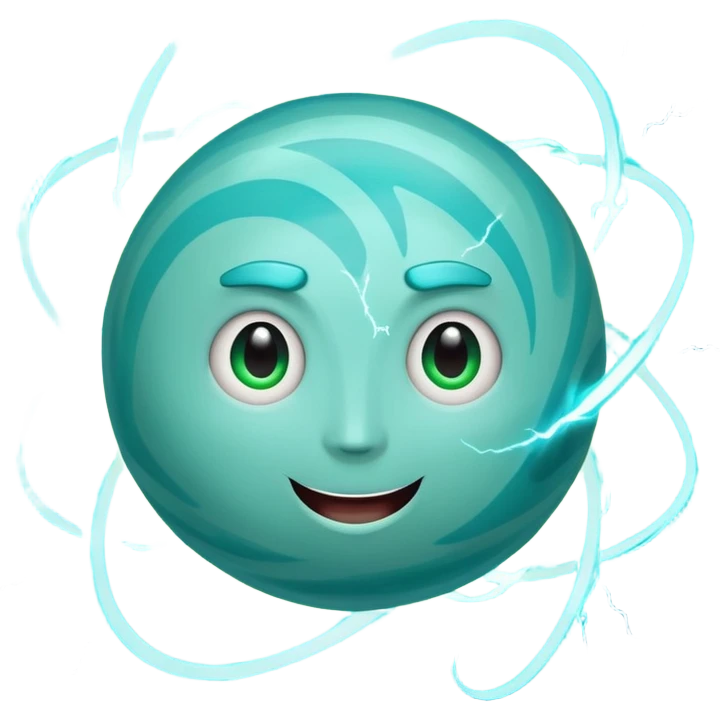 Uranus planet emoji in Apple style, blue-green color with visible swirling rings, playful, fun, and excited face, bold lightning bolts around, radiating electric, chaotic, and unexpected energy, expressive features emoji