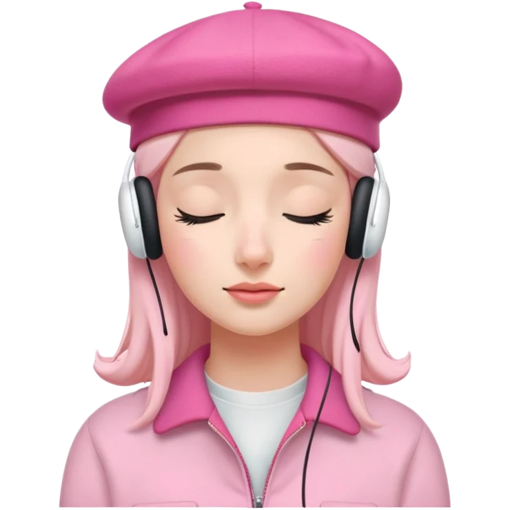 girl wearing a pink beret and AirPods Max headphones, listening to music with closed eyes emoji