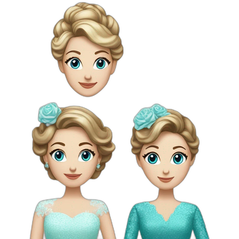 Bride with brown hair into a bun, blue eyes and a lace dress. Mother of the bride with long blonde curls and a turquoise sequined dress with sleeves. emoji