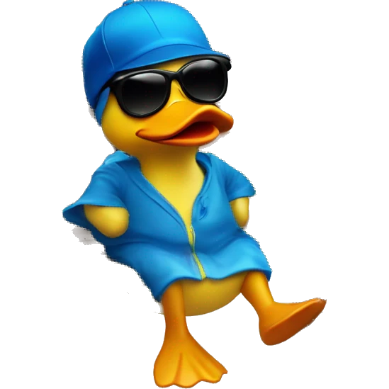 Rubber duck with sunglasses with blue cap siting on bench emoji