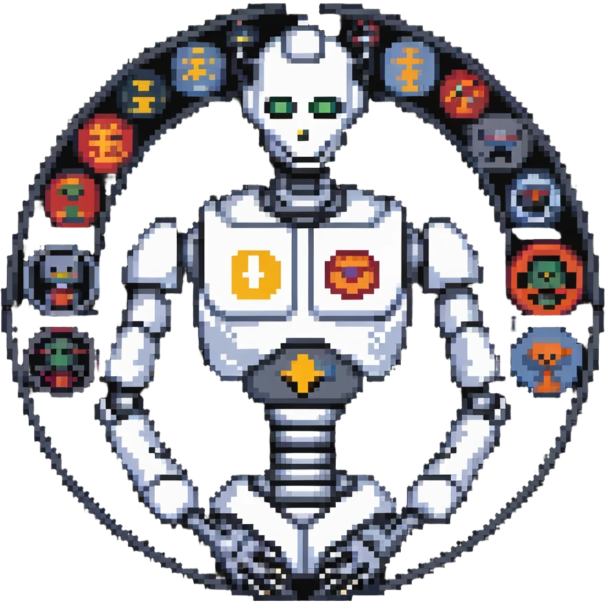 Pixel art of a robot man with a circular chest divided into four segments showing icons for visual art, music, theater, and literature emoji