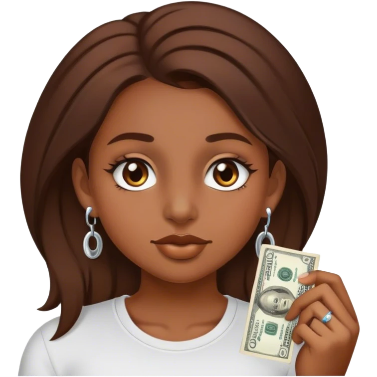 Una chica de color de pelo castaño, con un piercing séptum en la nariz contando dólares  emoji