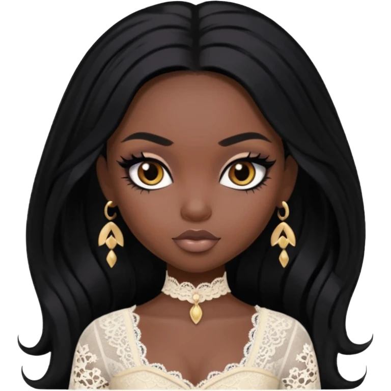 black skin, pretty, BLACK long black hair, pale skin, eyeliner, lace clothes, brown eyes bratz baddie emoji