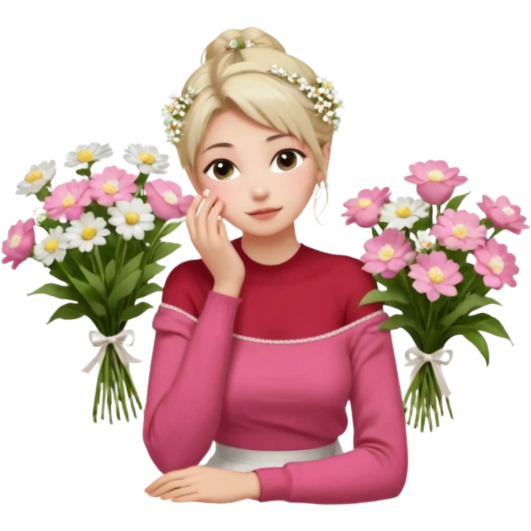a girl  sitting  near various bouquets of flowers , white and pink flowers . She is holding a single white flower up to her face, Her hairstyle is slightly messy updo, with a few soft strands falling around her face, . She wears a red off-shoulder cardigan and a white long skirt. emoji