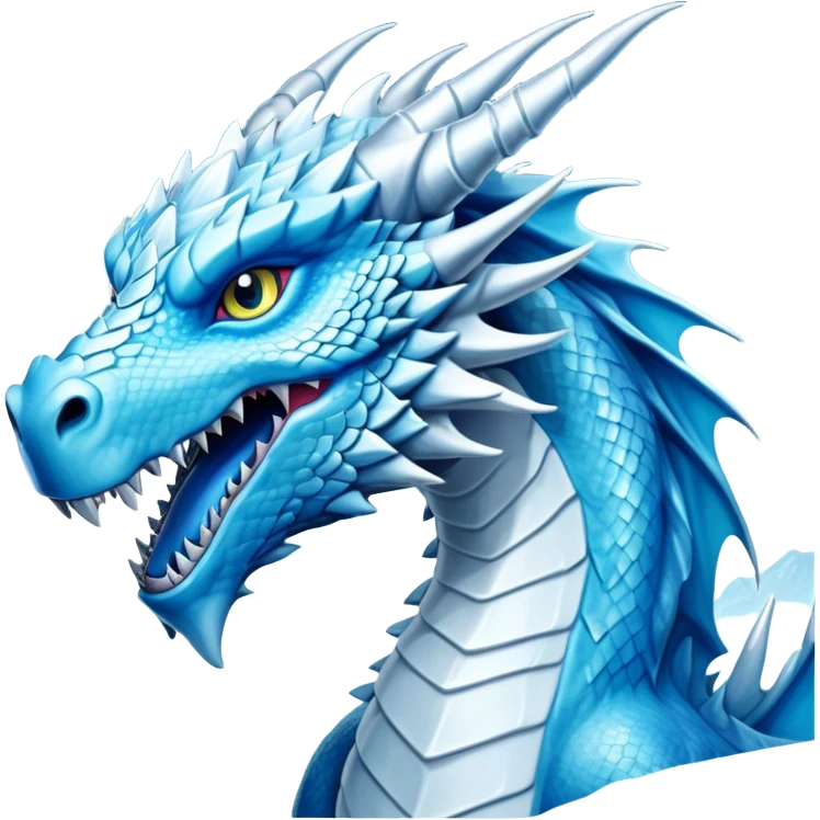 Cinematic Noble Fierce Ice Dragon Portrait Emoji, Poised and imposing, distinct long elegant snout, with a slender, scaled body shimmering in glacial hues of icy blue, frostbitten silver, and crystalline white, breathing out frost, with piercing, glowing eyes that radiate the chilling depths of an arctic storm; rendered in detail. emoji