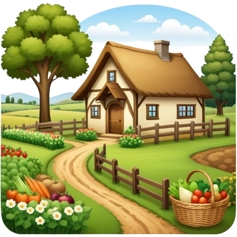 Icon for Rural Tourism: a peaceful countryside scene with a wooden cottage, a dirt path, grazing animals, and a basket of fresh produce. The icon should represent the tranquility and charm of rural life. Transparent background. emoji