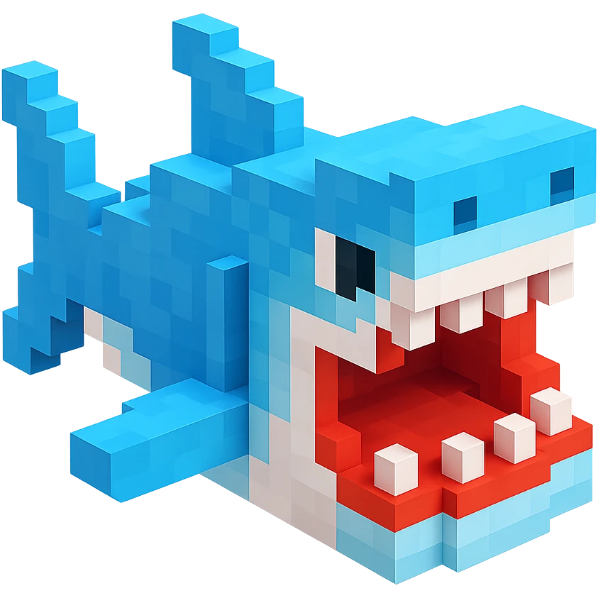 voxel style shark, open mouth, blocky, blue and silver, no background emoji