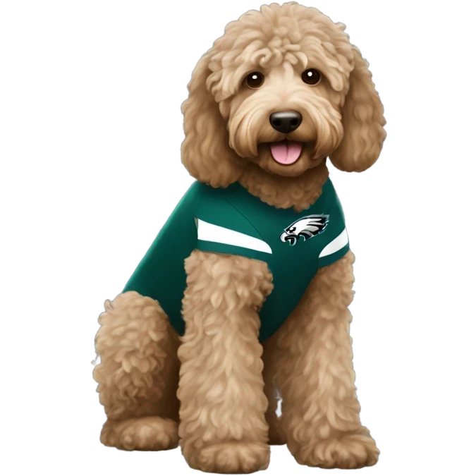 Light brown Labradoodle wearing a Philadelphia eagles shirt emoji