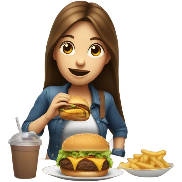 A girl with brown hair eating a burger. Her back is big almost like it’s pregnant  emoji