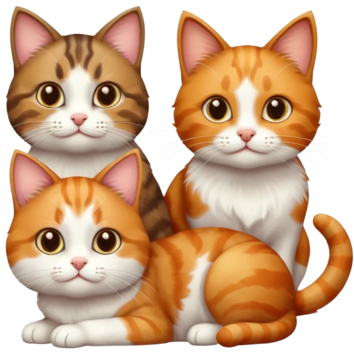 3 cats different colours including brown tabby and white, light patchy calico, and ginger and white emoji