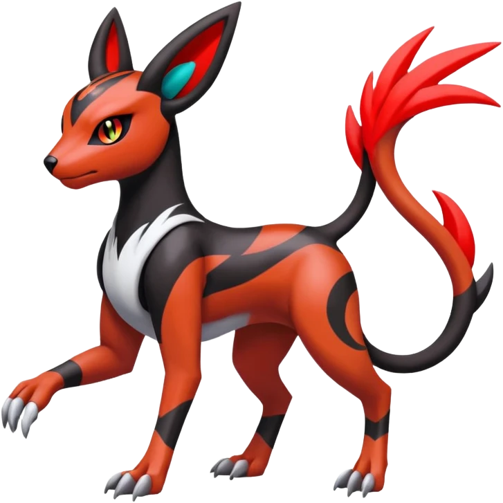 Colorful Meloetta-Houndour-Guilmon-Darkrai-Pokémon-Fakémon-fusion-hybrid-creature with abstract markings emoji