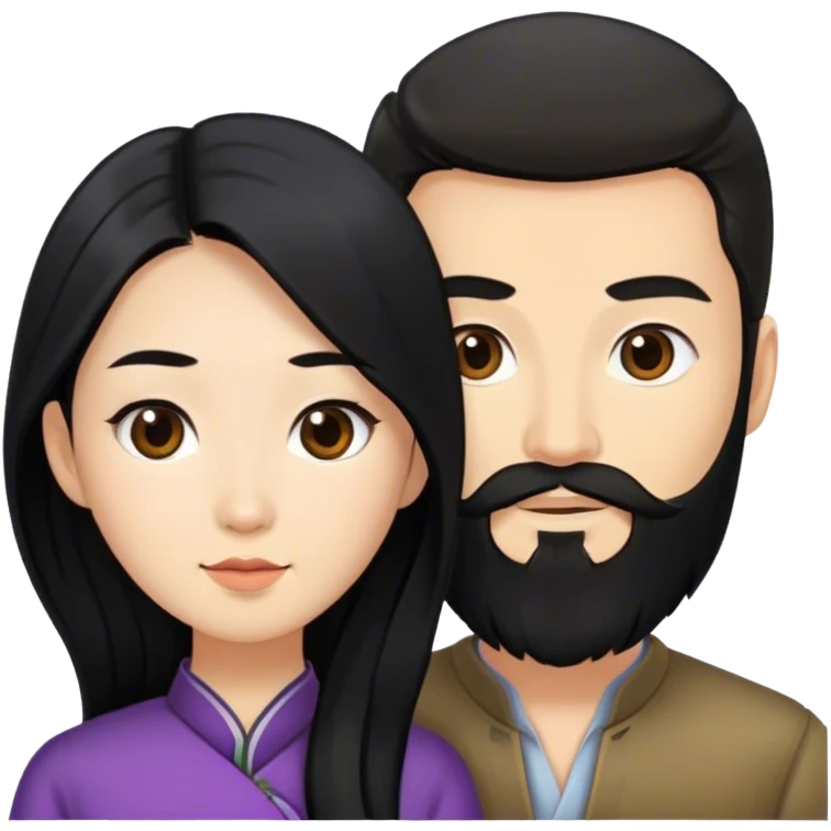 Asian woman with black long hair together with European guy who has black beard  emoji