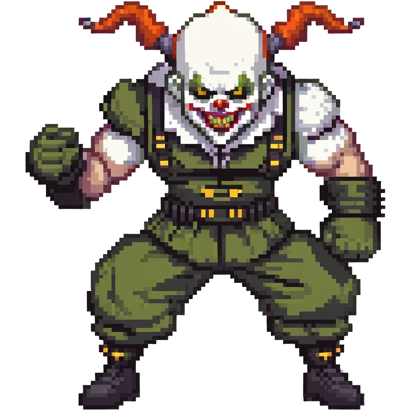 evil clown soldier, bald, short black devil horns on forehead, fangs, pointed ears, black and military green clothes, realistically proportioned, bulky and muscular, full body, fighting stance emoji